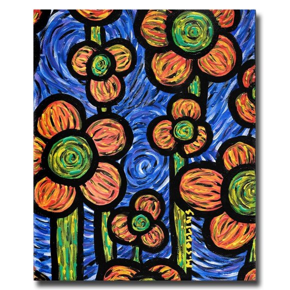 Colorful Abstract Original Painting Triptych Flowers Blue & Orange - Picture 4 of 4